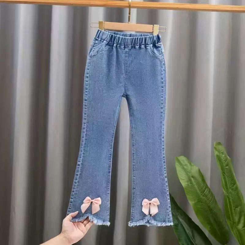 Girls' Jeans Trendy Slimming Flared Pants with Lace Trim Soft Children's Long Pants with Lace 1Y Imported From China