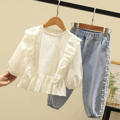Girls Spring Suit New Style Kidskin's Cut Out Lace Top Fashionable, For 3-7 Years, Imported From China