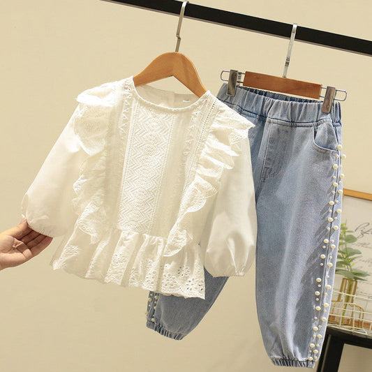 Girls Spring Suit New Style Kidskin's Cut Out Lace Top Fashionable, For 3-7 Years, Imported From China