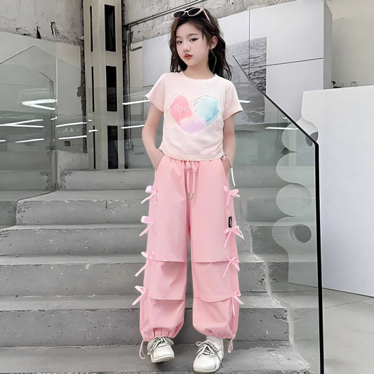 Girls' Summer Outfit Short-Sleeve Two-Piece Set for Little Girls For 6-14 Years, Imported From China
