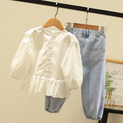 Girls Spring Suit New Style Kidskin's Cut Out Lace Top Fashionable, For 3-7 Years, Imported From China