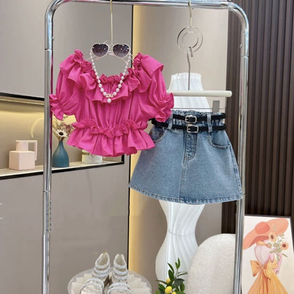 Ancorelala Girls' Popular 2026 Fashion Ruffled Top and Denim Skirt For 2-4 Years, Imported From China