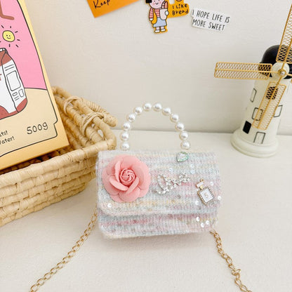 New Kids Handbag for Girls with Bow &amp; Pearl, Fashionable Princess Shoulder Crossbody Mini Purse for Coins