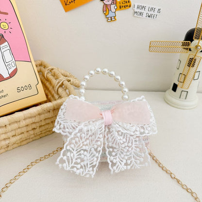 New Kids Handbag for Girls with Bow &amp; Pearl, Fashionable Princess Shoulder Crossbody Mini Purse for Coins
