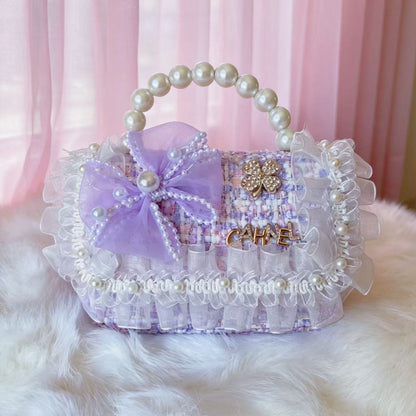 New Kids Handbag for Girls with Bow &amp; Pearl, Fashionable Princess Shoulder Crossbody Mini Purse for Coins