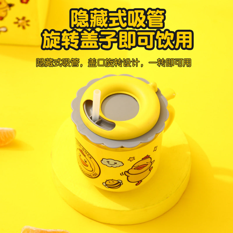Factory Direct Sales 304 Stainless Steel Water Cup with Straw Yellow Duck Kidsren's Cup Kindergarten Mouth Cup Handy Cup Gift