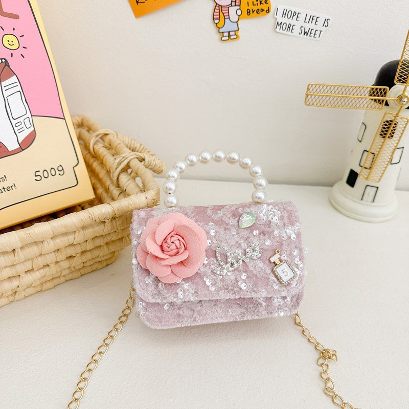 New Kids Handbag for Girls with Bow &amp; Pearl, Fashionable Princess Shoulder Crossbody Mini Purse for Coins