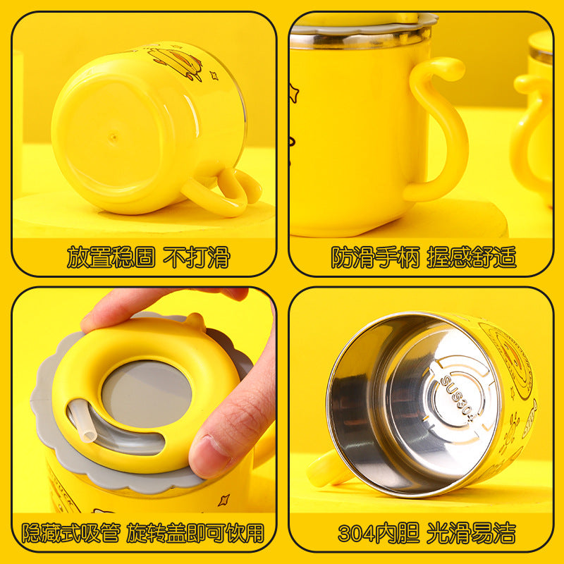 Factory Direct Sales 304 Stainless Steel Water Cup with Straw Yellow Duck Kidsren's Cup Kindergarten Mouth Cup Handy Cup Gift