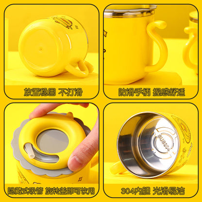 Factory Direct Sales 304 Stainless Steel Water Cup with Straw Yellow Duck Kidsren's Cup Kindergarten Mouth Cup Handy Cup Gift