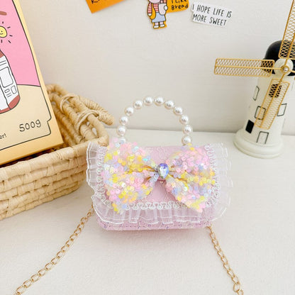New Kids Handbag for Girls with Bow &amp; Pearl, Fashionable Princess Shoulder Crossbody Mini Purse for Coins