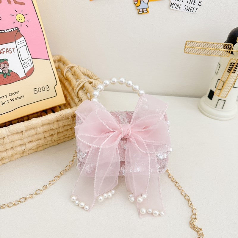 New Kids Handbag for Girls with Bow &amp; Pearl, Fashionable Princess Shoulder Crossbody Mini Purse for Coins