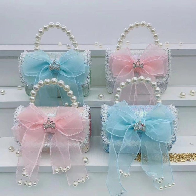 New Kids Handbag for Girls with Bow &amp; Pearl, Fashionable Princess Shoulder Crossbody Mini Purse for Coins