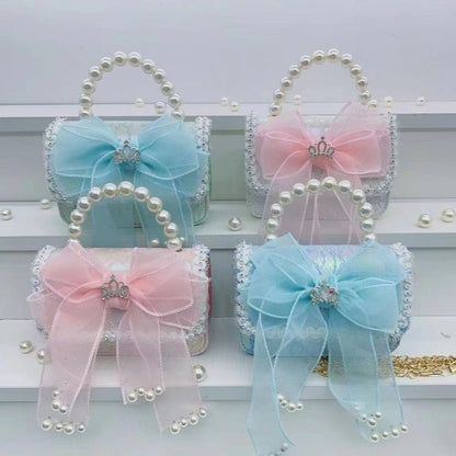 New Kids Handbag for Girls with Bow &amp; Pearl, Fashionable Princess Shoulder Crossbody Mini Purse for Coins