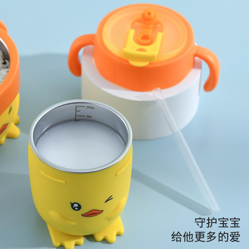 Children's Little Yellow Duck 316 Stainless Steel Milk Cup, Anti-Fall and Leak-Proof, Learning Drinking Straw Cup, Portable Baby Drinking Cup