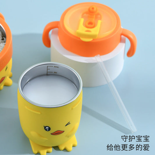 Children's Little Yellow Duck 316 Stainless Steel Milk Cup, Anti-Fall and Leak-Proof, Learning Drinking Straw Cup, Portable Baby Drinking Cup