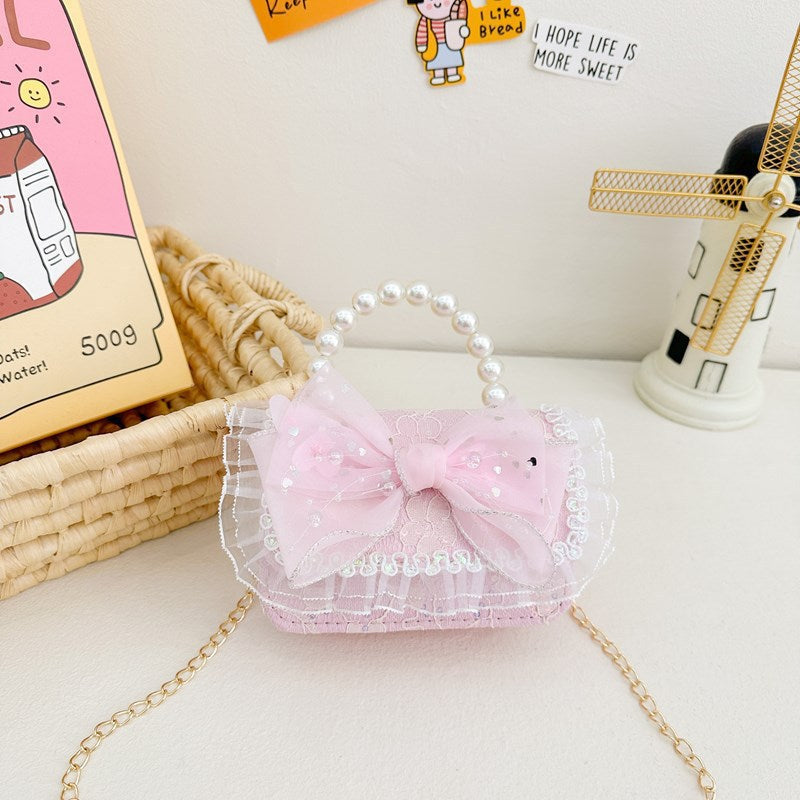 New Kids Handbag for Girls with Bow &amp; Pearl, Fashionable Princess Shoulder Crossbody Mini Purse for Coins