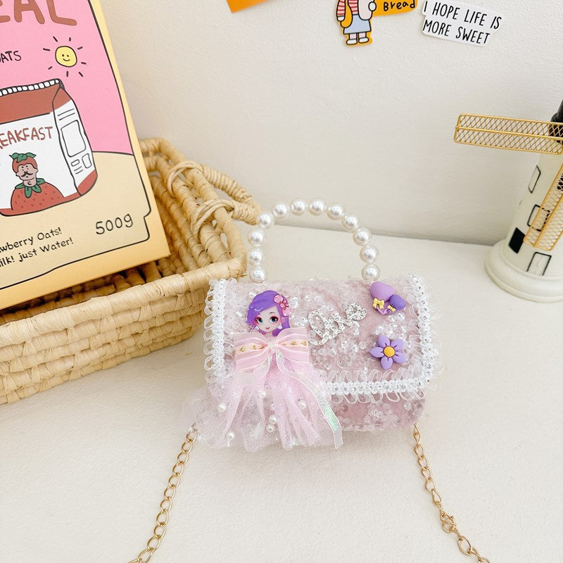 New Kids Handbag for Girls with Bow &amp; Pearl, Fashionable Princess Shoulder Crossbody Mini Purse for Coins