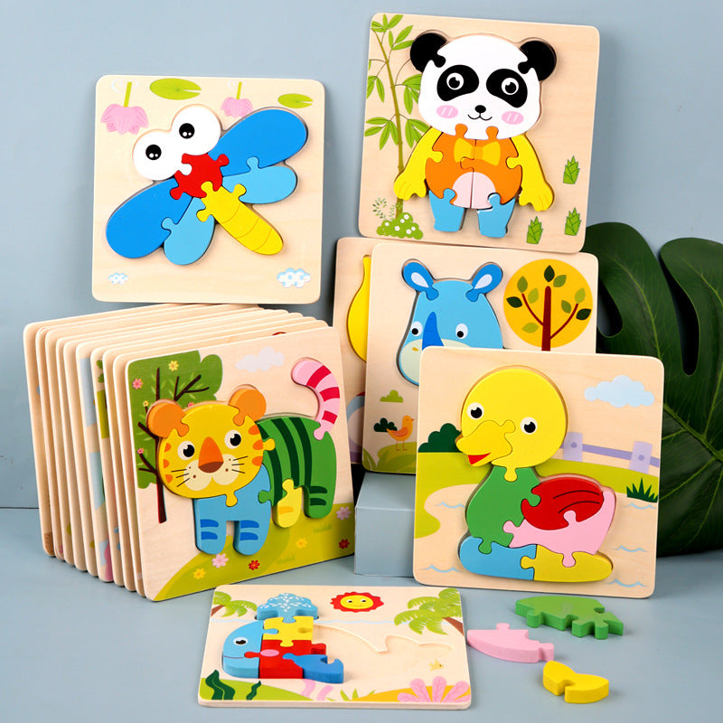 Wooden Kids Cartoon Animal 3D Puzzle, Wooden Baby Educational Puzzle Board Toy for Toddlers Ages 1-2-3