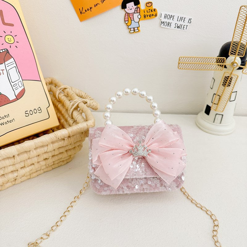 New Kids Handbag for Girls with Bow &amp; Pearl, Fashionable Princess Shoulder Crossbody Mini Purse for Coins