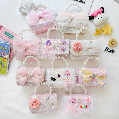 New Kids Handbag for Girls with Bow &amp; Pearl, Fashionable Princess Shoulder Crossbody Mini Purse for Coins