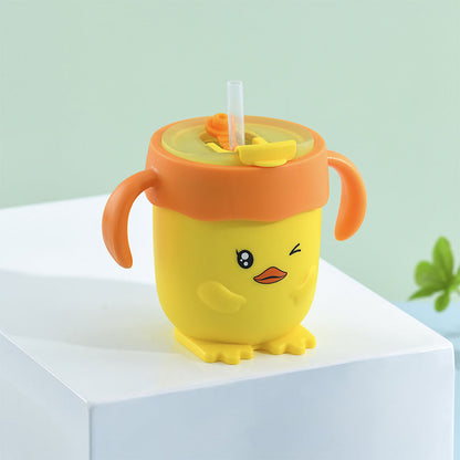 Children's Little Yellow Duck 316 Stainless Steel Milk Cup, Anti-Fall and Leak-Proof, Learning Drinking Straw Cup, Portable Baby Drinking Cup