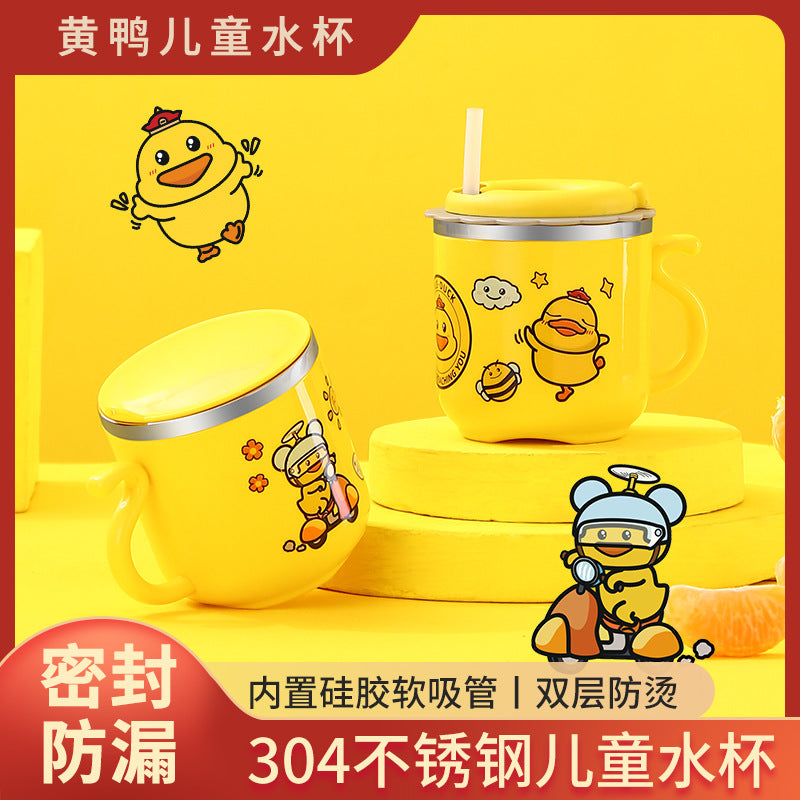 Factory Direct Sales 304 Stainless Steel Water Cup with Straw Yellow Duck Kidsren's Cup Kindergarten Mouth Cup Handy Cup Gift
