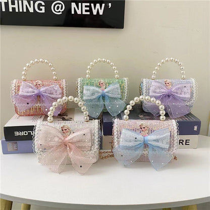 New Kids Handbag for Girls with Bow &amp; Pearl, Fashionable Princess Shoulder Crossbody Mini Purse for Coins