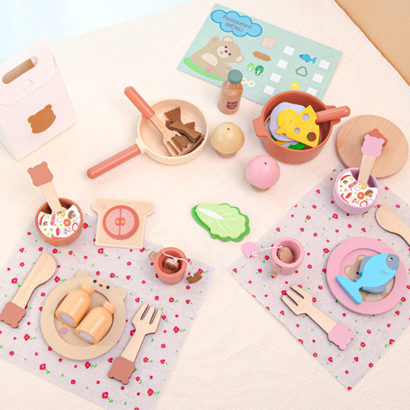 Kids Pretend Play Tea Set Dessert Cake Coffee BBQ Kitchen Fruits Wooden Educational Toys
