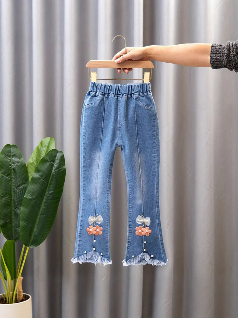 Girls' Jeans Trendy Slimming Flared Pants with Lace Trim Soft Children's Long Pants with Lace 4-12Y Imported From China