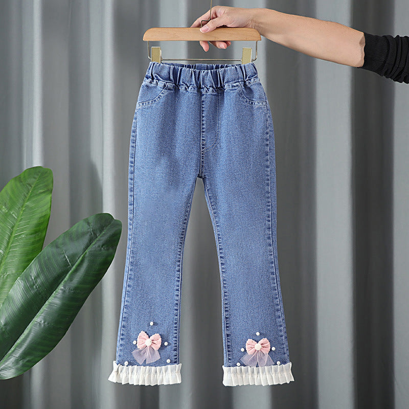 Girls' Jeans Trendy Slimming Flared Pants with Lace Trim Soft Children's Long Pants with Lace 4-12Y Imported From China
